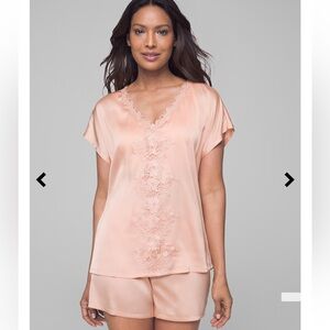 Soma Peach Apricot Coral Satin & Lace Embroidered Pajama Top + Shorts Set S